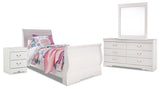 Anarasia Twin Sleigh Bed with Mirrored Dresser and Nightstand in White - PKG014153