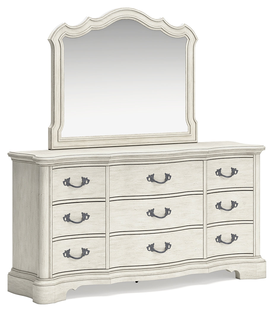 Arlendyne California King Upholstered Bed with Mirrored Dresser and 2 Nightstands in Antique White from Ashley - Luna Furniture