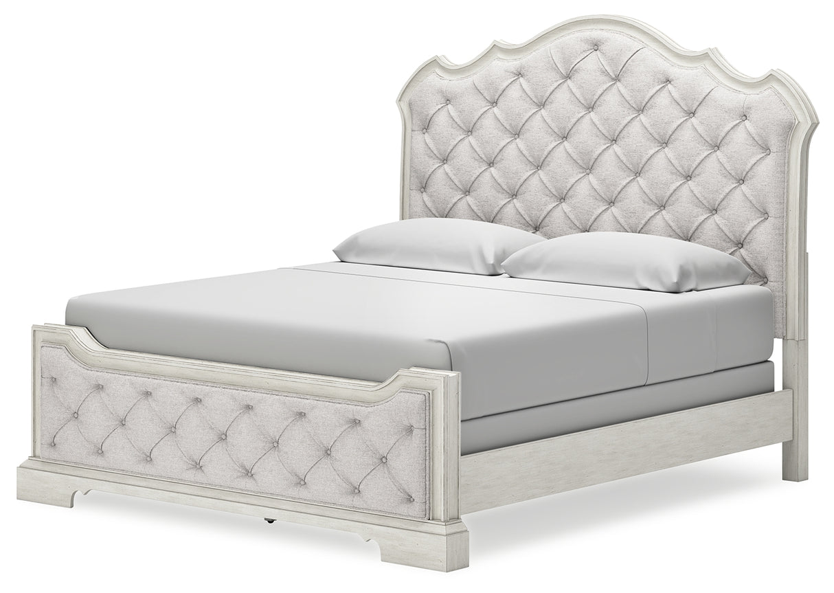 Arlendyne California King Upholstered Bed with Mirrored Dresser and 2 Nightstands in Antique White from Ashley - Luna Furniture