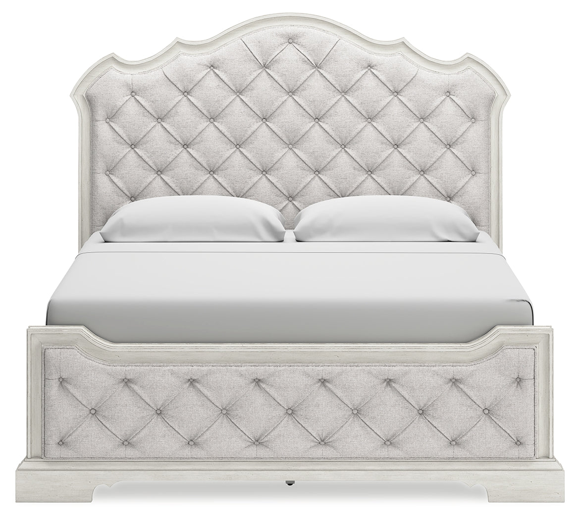 Arlendyne California King Upholstered Bed with Mirrored Dresser and 2 Nightstands in Antique White from Ashley - Luna Furniture