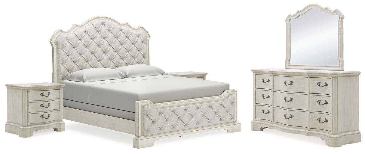 Arlendyne California King Upholstered Bed with Mirrored Dresser and 2 Nightstands in Antique White from Ashley - Luna Furniture