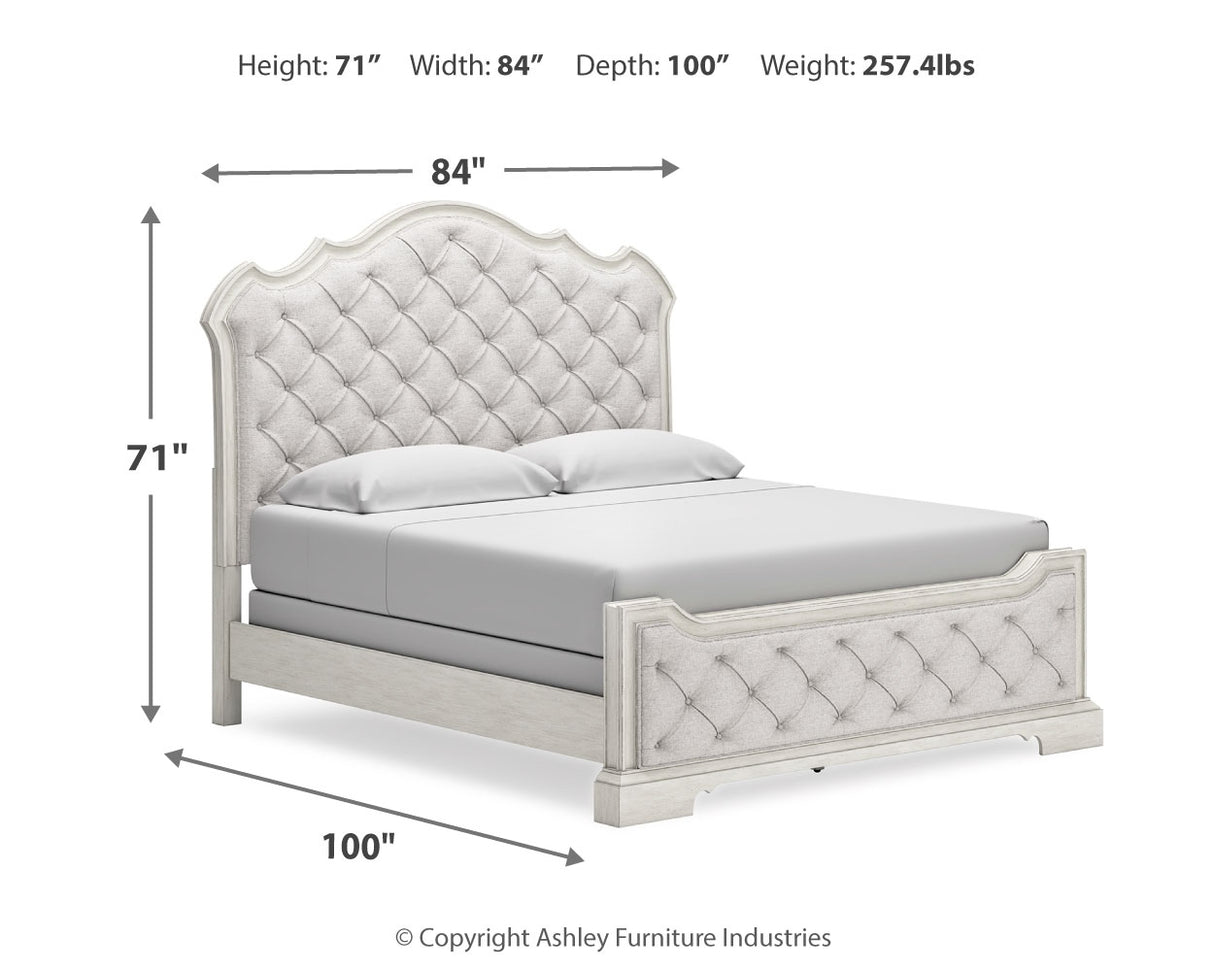 Arlendyne California King Upholstered Bed with Mirrored Dresser and 2 Nightstands in Antique White from Ashley - Luna Furniture