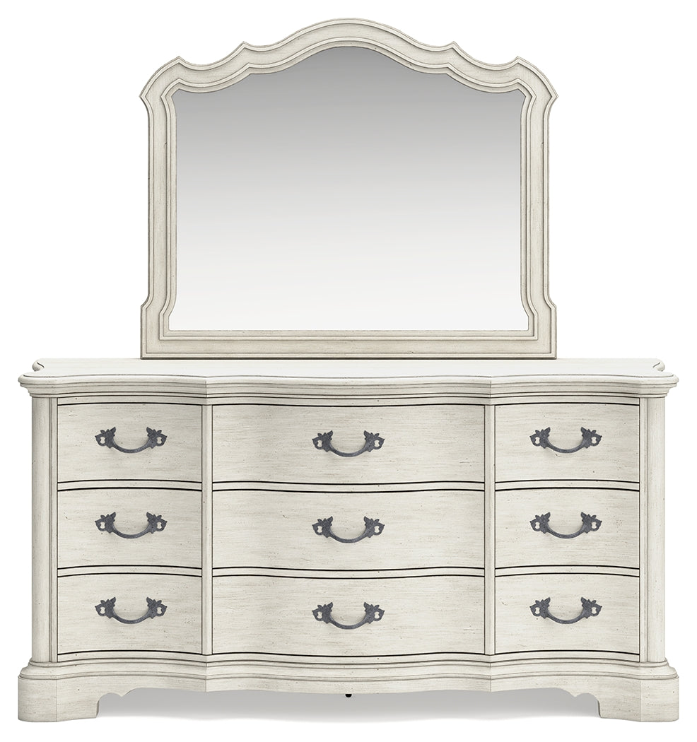 Arlendyne California King Upholstered Bed with Mirrored Dresser and 2 Nightstands in Antique White from Ashley - Luna Furniture