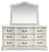 Arlendyne California King Upholstered Bed with Mirrored Dresser and 2 Nightstands in Antique White from Ashley - Luna Furniture