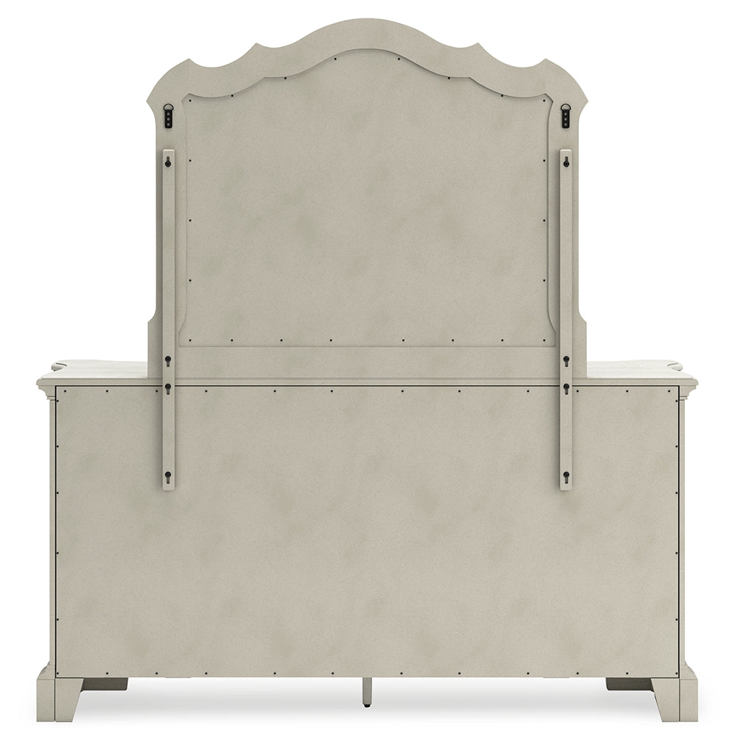 Arlendyne California King Upholstered Bed with Mirrored Dresser and 2 Nightstands in Antique White from Ashley - Luna Furniture