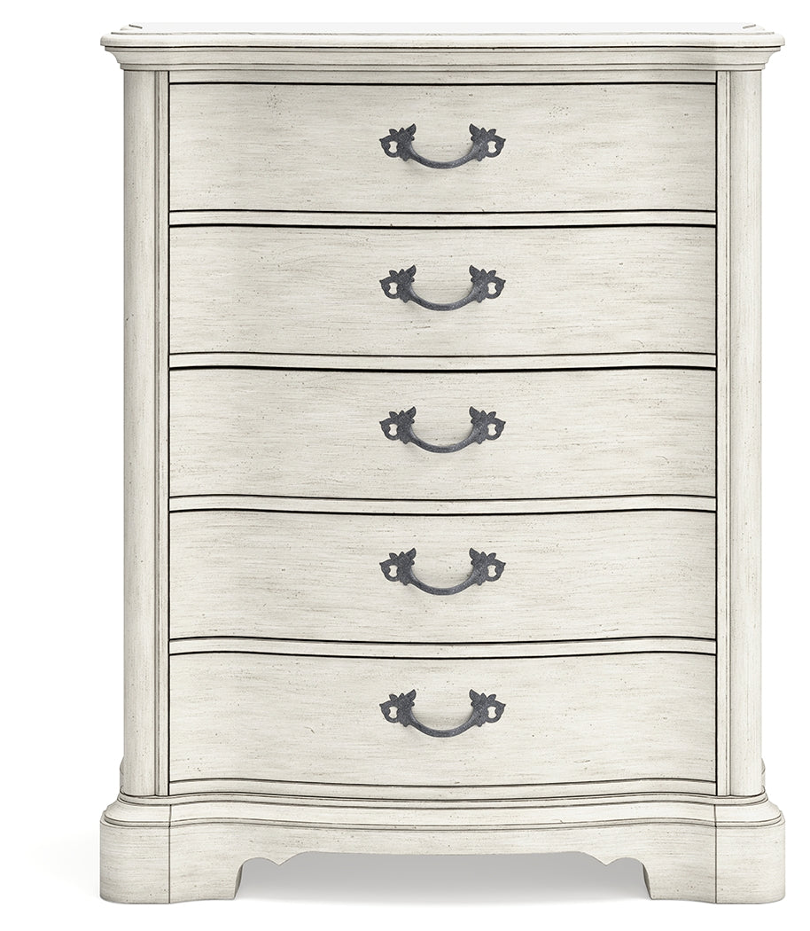 Arlendyne California King Upholstered Bed with Mirrored Dresser and Chest in Antique White from Ashley - Luna Furniture