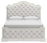 Arlendyne California King Upholstered Bed with Mirrored Dresser and Chest in Antique White from Ashley - Luna Furniture