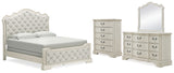 Arlendyne California King Upholstered Bed with Mirrored Dresser and Chest in Antique White from Ashley - Luna Furniture