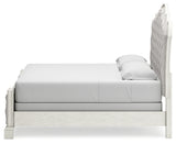 Arlendyne California King Upholstered Bed with Mirrored Dresser and Chest in Antique White from Ashley - Luna Furniture