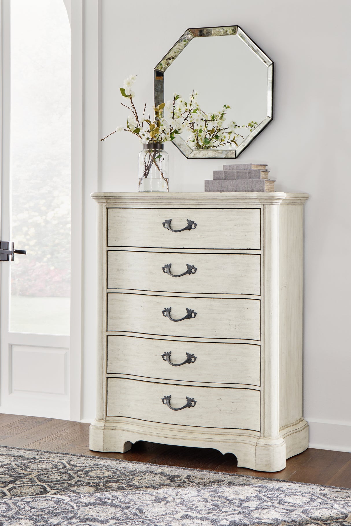 Arlendyne California King Upholstered Bed with Mirrored Dresser and Chest in Antique White from Ashley - Luna Furniture