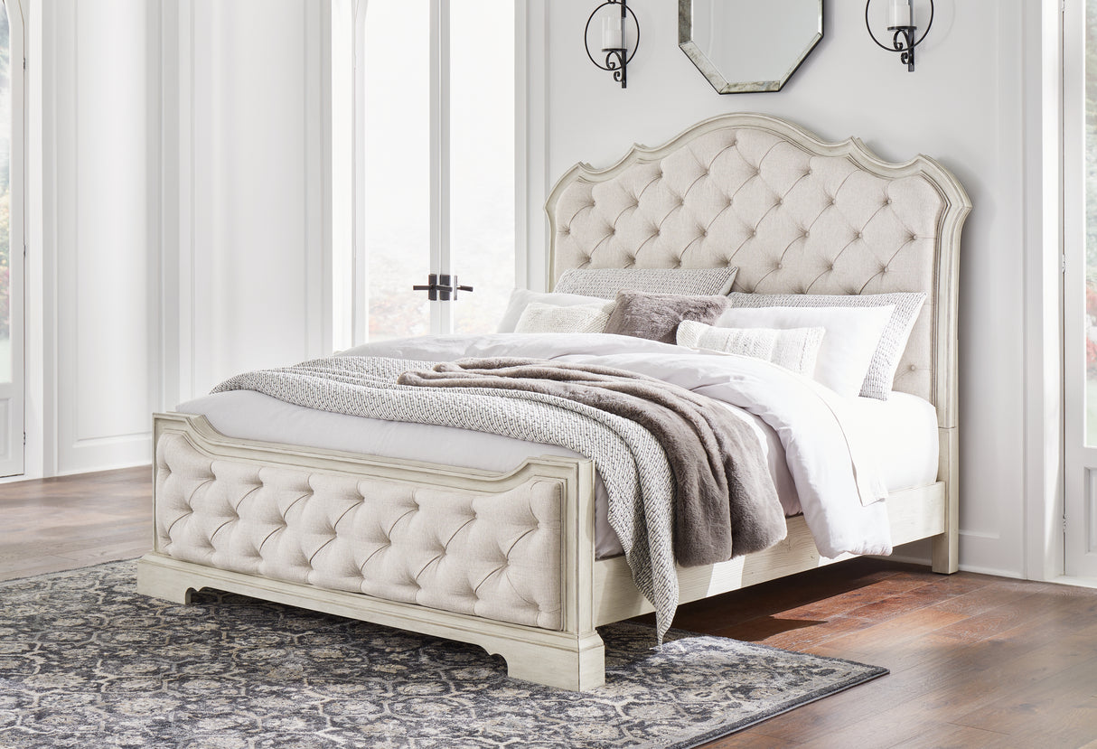 Arlendyne California King Upholstered Bed with Mirrored Dresser and Chest in Antique White from Ashley - Luna Furniture