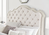 Arlendyne California King Upholstered Bed with Mirrored Dresser and Chest in Antique White from Ashley - Luna Furniture