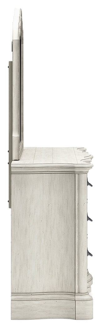 Arlendyne California King Upholstered Bed with Mirrored Dresser and Chest in Antique White from Ashley - Luna Furniture