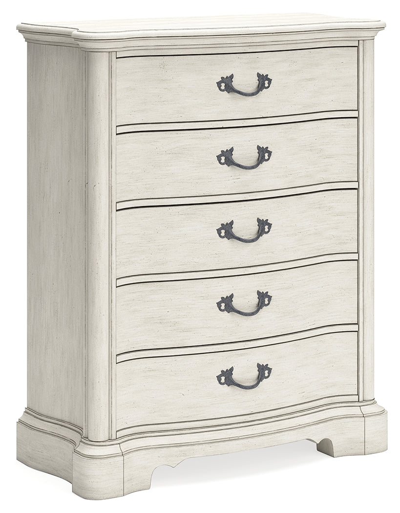 Arlendyne California King Upholstered Bed with Mirrored Dresser and Chest in Antique White from Ashley - Luna Furniture