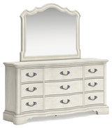 Arlendyne California King Upholstered Bed with Mirrored Dresser and Nightstand in Antique White from Ashley - Luna Furniture