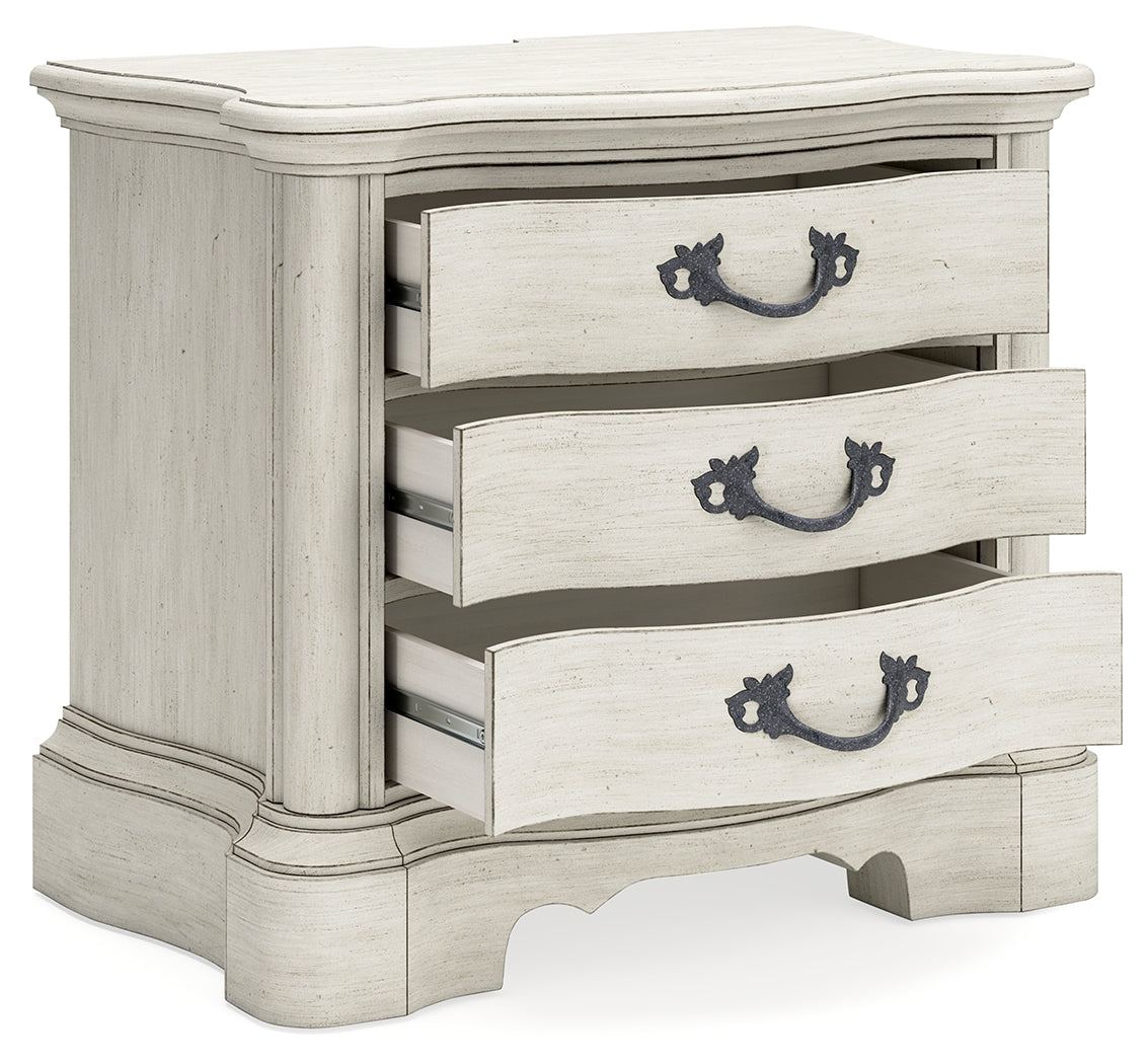 Arlendyne California King Upholstered Bed with Mirrored Dresser and Nightstand in Antique White from Ashley - Luna Furniture