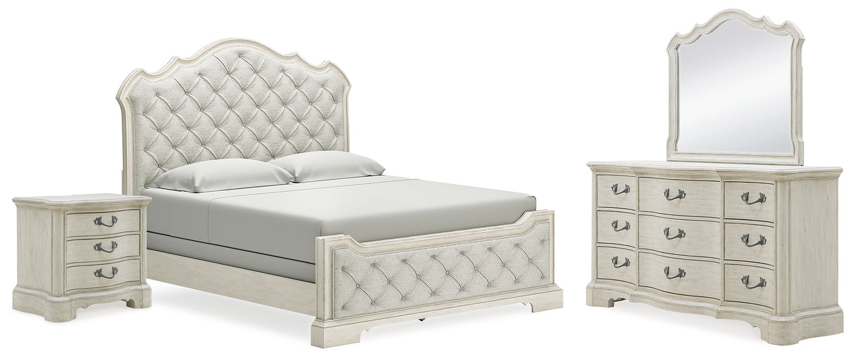 Arlendyne California King Upholstered Bed with Mirrored Dresser and Nightstand in Antique White from Ashley - Luna Furniture