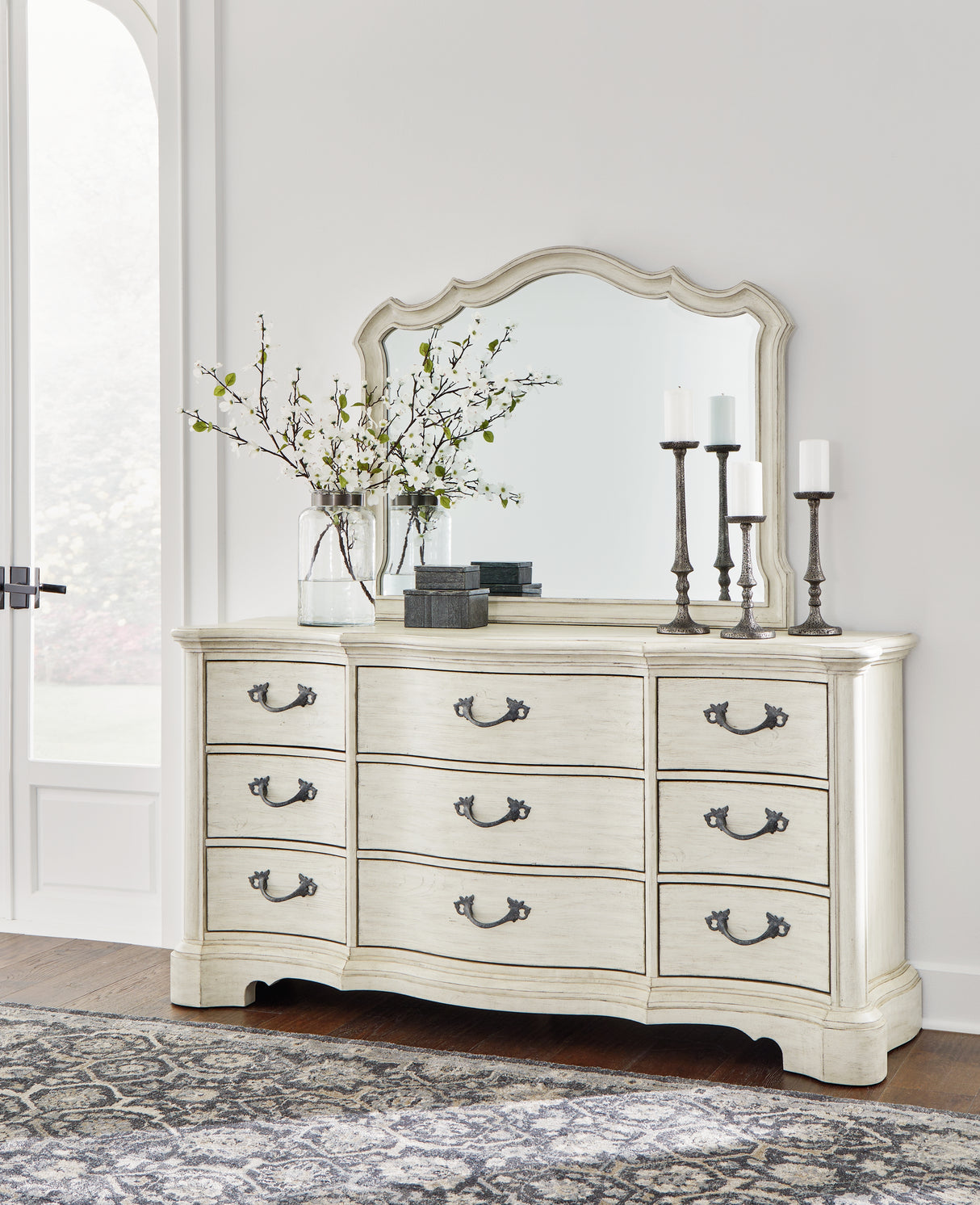 Arlendyne California King Upholstered Bed with Mirrored Dresser and Nightstand in Antique White from Ashley - Luna Furniture