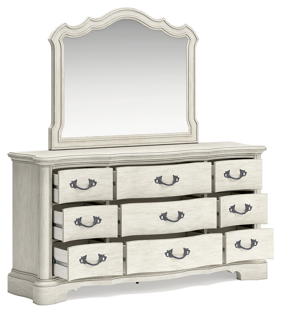 Arlendyne California King Upholstered Bed with Mirrored Dresser and Nightstand in Antique White from Ashley - Luna Furniture