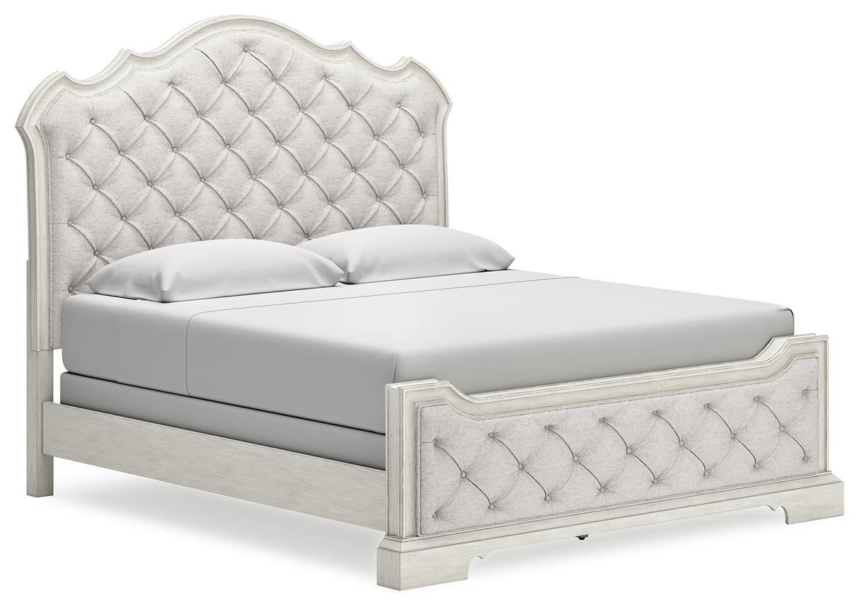 Arlendyne California King Upholstered Bed with Mirrored Dresser and Nightstand in Antique White from Ashley - Luna Furniture