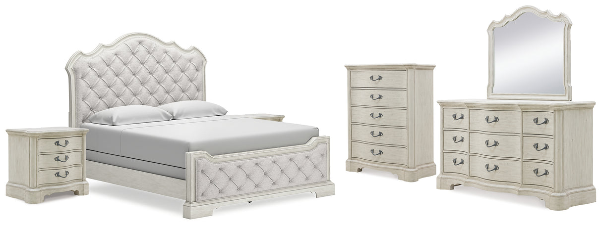 Arlendyne California King Upholstered Bed with Mirrored Dresser, Chest and 2 Nightstands in Antique White from Ashley - Luna Furniture