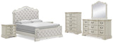 Arlendyne California King Upholstered Bed with Mirrored Dresser, Chest and 2 Nightstands in Antique White from Ashley - Luna Furniture