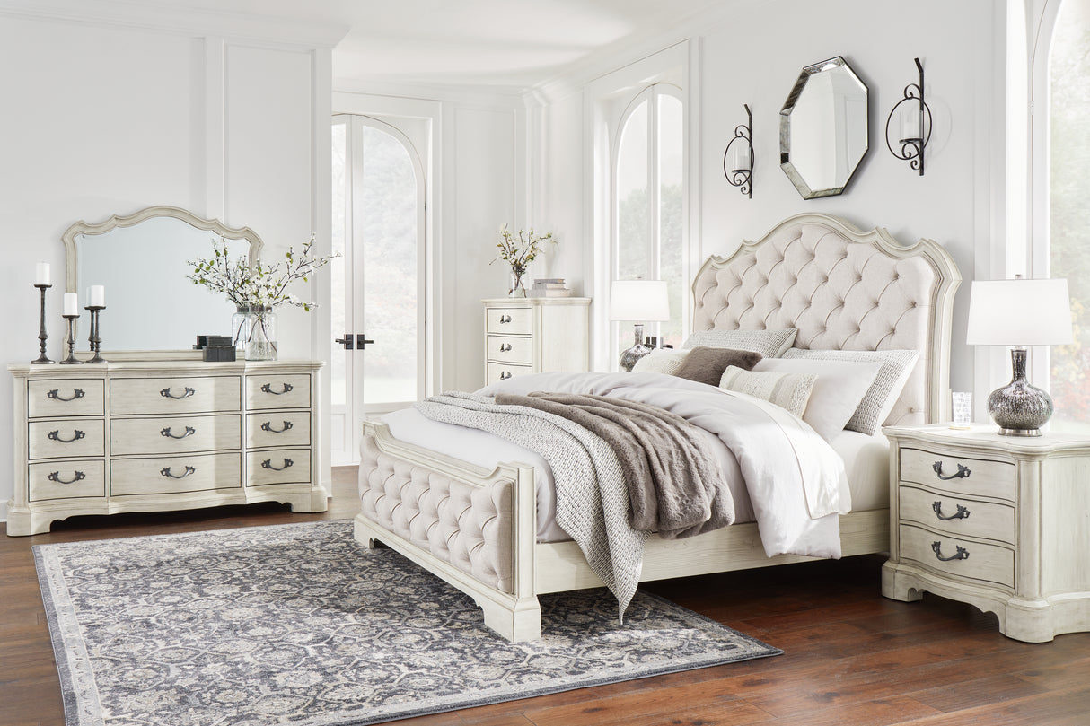 Arlendyne California King Upholstered Bed with Mirrored Dresser, Chest and 2 Nightstands in Antique White from Ashley - Luna Furniture