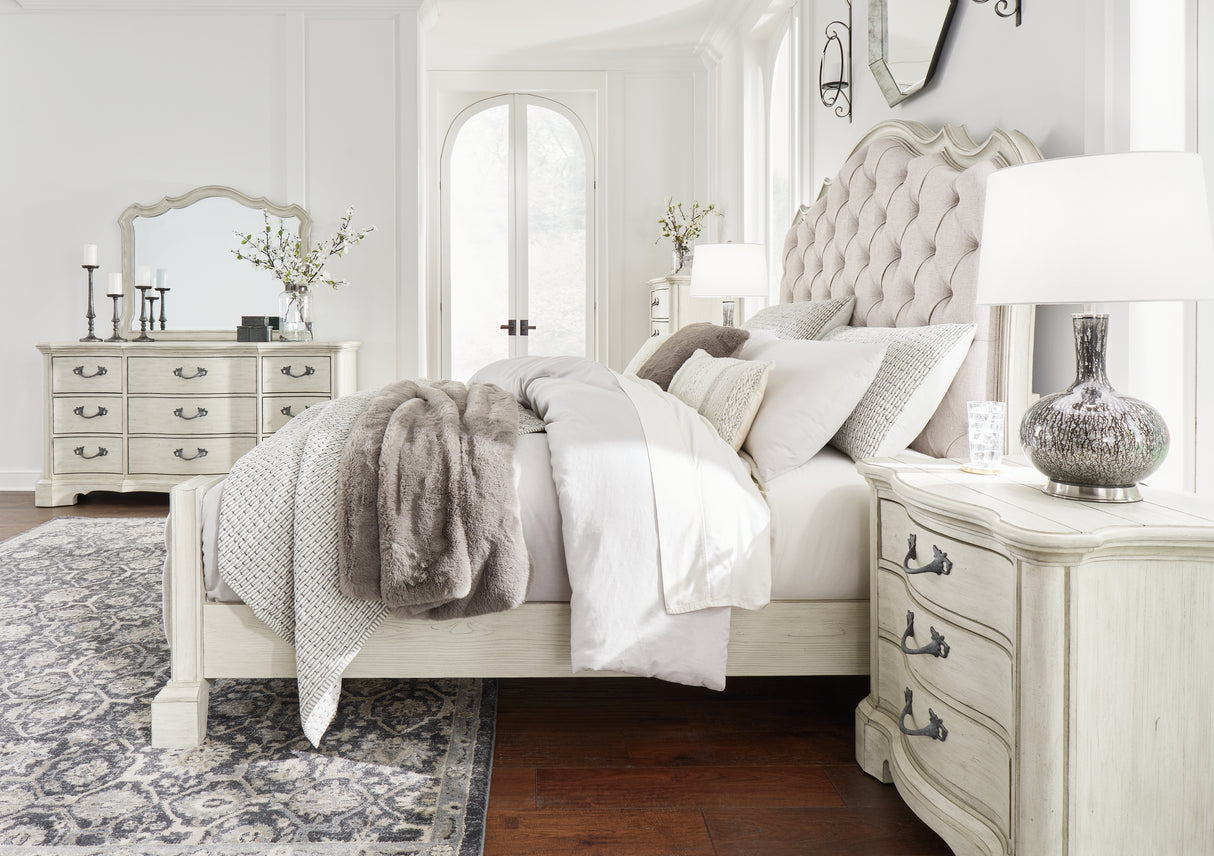 Arlendyne California King Upholstered Bed with Mirrored Dresser, Chest and 2 Nightstands in Antique White from Ashley - Luna Furniture