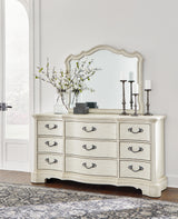 Arlendyne California King Upholstered Bed with Mirrored Dresser, Chest and 2 Nightstands in Antique White from Ashley - Luna Furniture