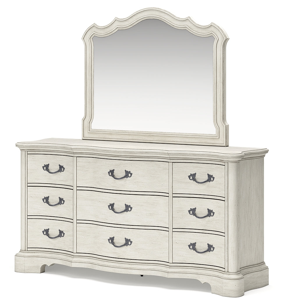 Arlendyne California King Upholstered Bed with Mirrored Dresser, Chest and 2 Nightstands in Antique White from Ashley - Luna Furniture