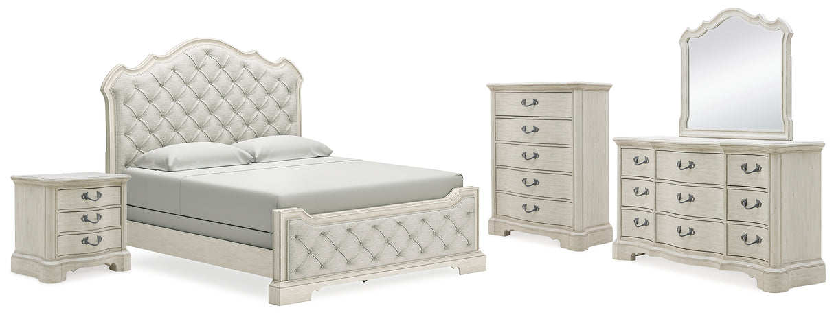 Arlendyne California King Upholstered Bed with Mirrored Dresser, Chest and Nightstand in Antique White from Ashley - Luna Furniture