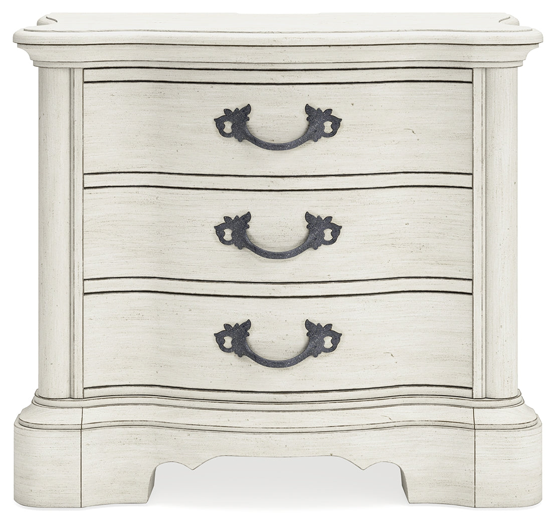 Arlendyne California King Upholstered Bed with Mirrored Dresser, Chest and Nightstand in Antique White from Ashley - Luna Furniture