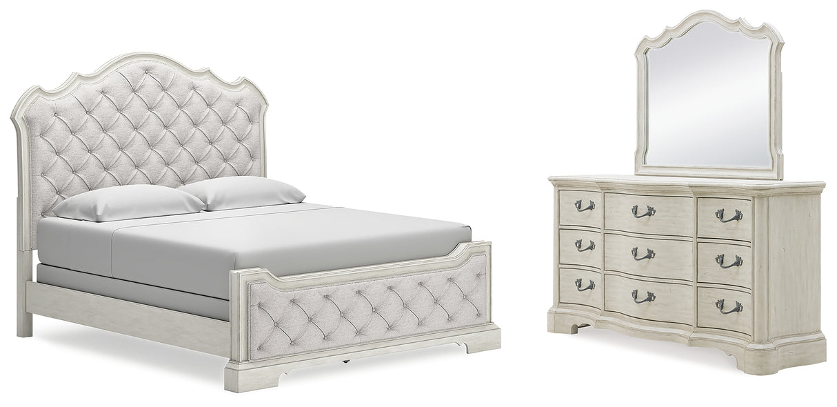 Arlendyne California King Upholstered Bed with Mirrored Dresser in Antique White from Ashley - Luna Furniture