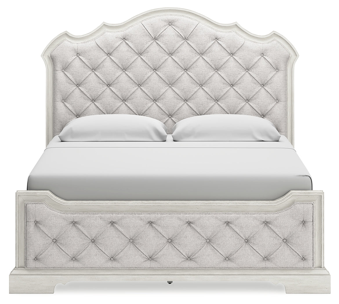 Arlendyne King Upholstered Bed with Mirrored Dresser and 2 Nightstands in Antique White from Ashley - Luna Furniture