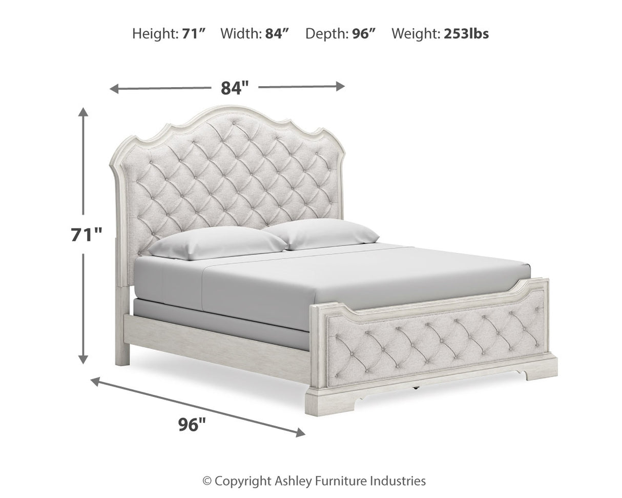 Arlendyne King Upholstered Bed with Mirrored Dresser and Chest in Antique White from Ashley - Luna Furniture