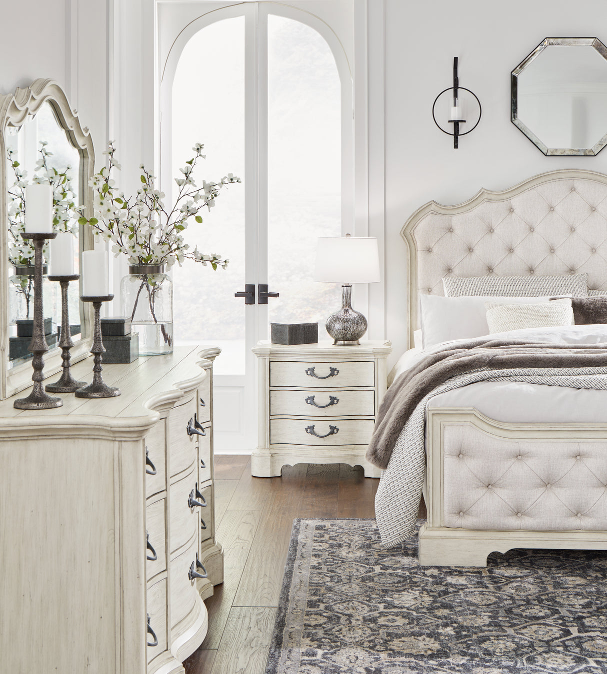 Arlendyne King Upholstered Bed with Mirrored Dresser and Nightstand in Antique White from Ashley - Luna Furniture