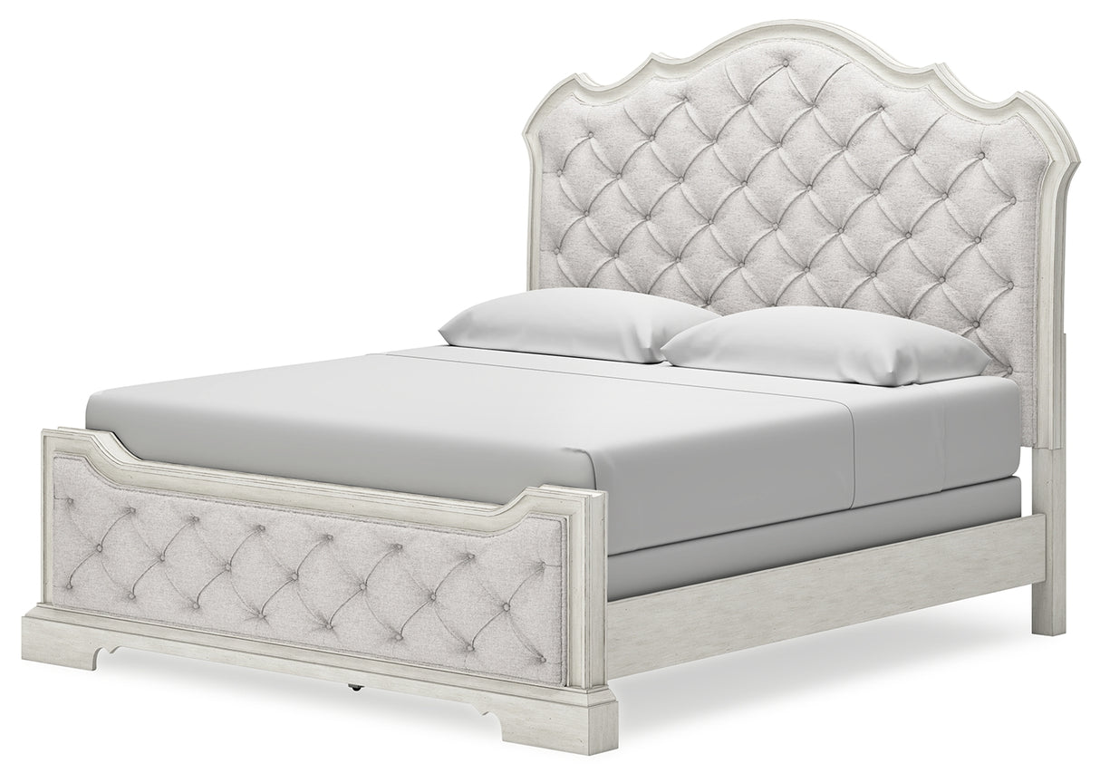 Arlendyne King Upholstered Bed with Mirrored Dresser and Nightstand in Antique White from Ashley - Luna Furniture