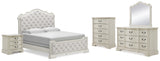 Arlendyne King Upholstered Bed with Mirrored Dresser, Chest and Nightstand in Antique White from Ashley - Luna Furniture