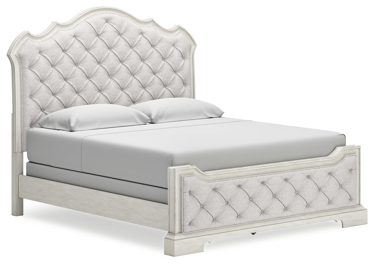 Arlendyne King Upholstered Bed with Mirrored Dresser in Antique White from Ashley - Luna Furniture