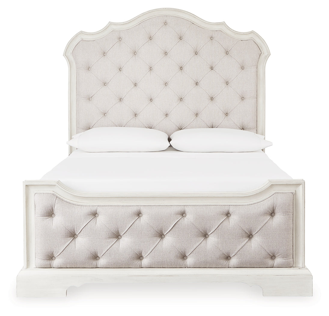 Arlendyne Queen Upholstered Bed with Mirrored Dresser and Chest in Antique White from Ashley - Luna Furniture