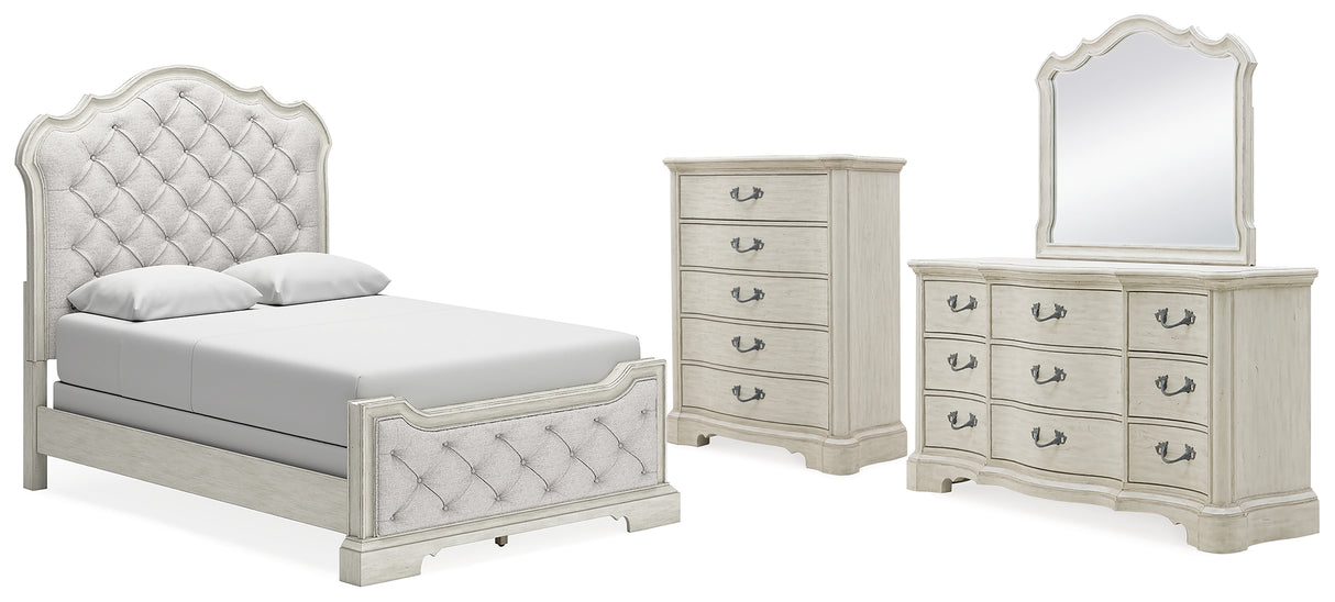 Arlendyne Queen Upholstered Bed with Mirrored Dresser and Chest in Antique White from Ashley - Luna Furniture