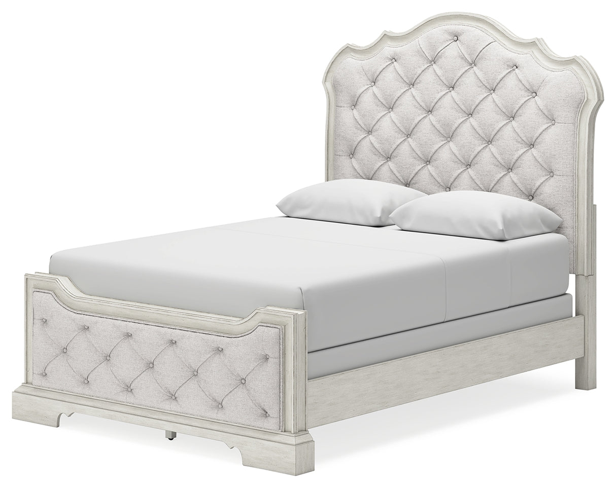 Arlendyne Queen Upholstered Bed with Mirrored Dresser and Chest in Antique White from Ashley - Luna Furniture