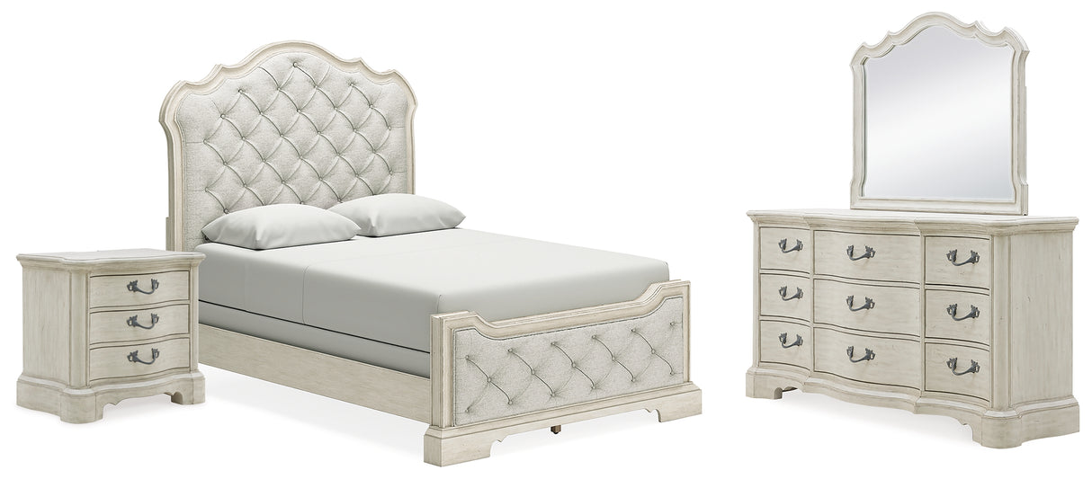 Arlendyne Queen Upholstered Bed with Mirrored Dresser and Nightstand in Antique White from Ashley - Luna Furniture