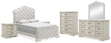 Arlendyne Queen Upholstered Bed with Mirrored Dresser, Chest and 2 Nightstands in Antique White from Ashley - Luna Furniture