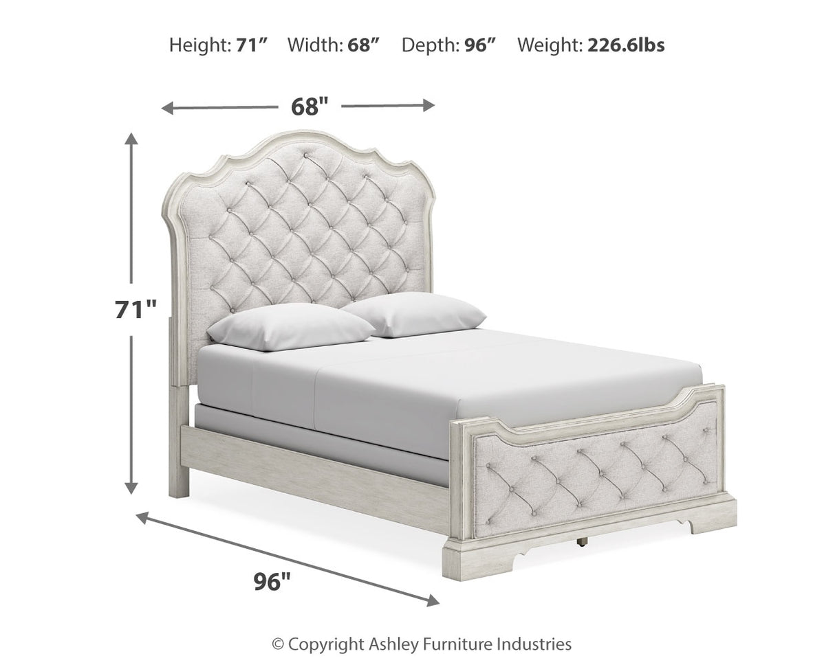 Arlendyne Queen Upholstered Bed with Mirrored Dresser, Chest and 2 Nightstands in Antique White from Ashley - Luna Furniture