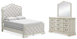 Arlendyne Queen Upholstered Bed with Mirrored Dresser in Antique White from Ashley - Luna Furniture