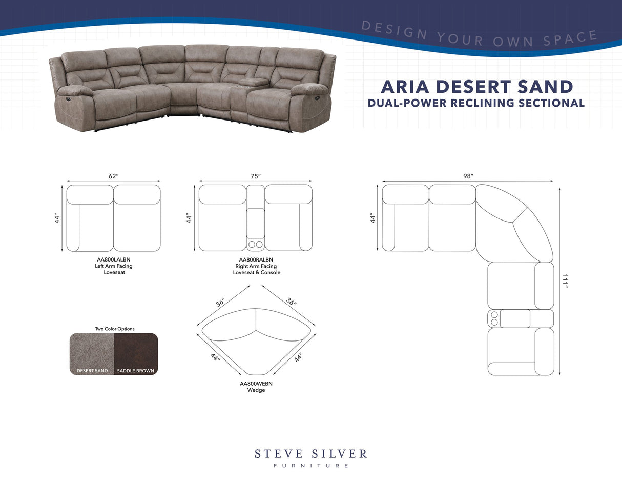 Aria 3-Piece Dual-Power Reclining Sectional, Desert Sand from Steve Silver - Luna Furniture