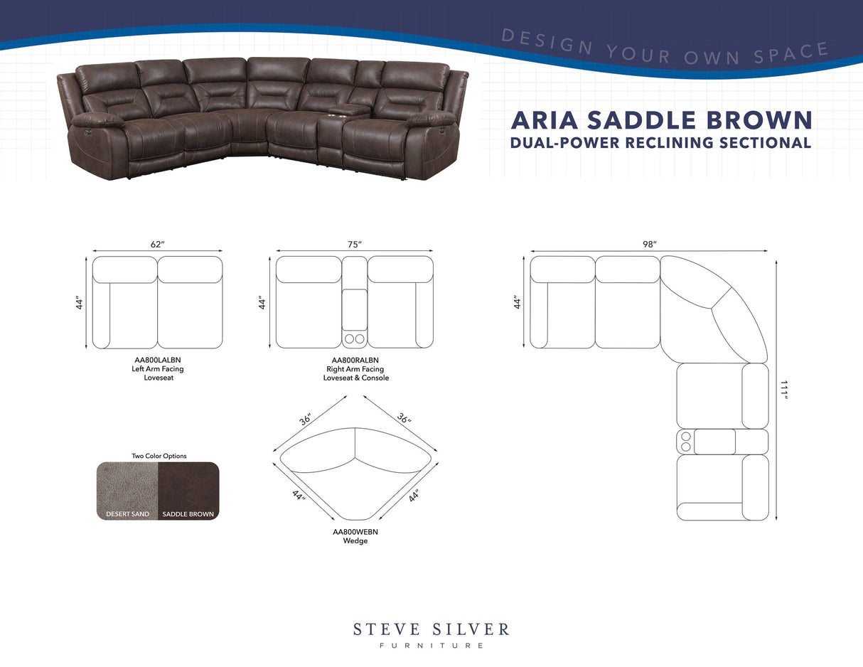 Aria 3-Piece Dual-Power Reclining Sectional, Saddle Brown from Steve Silver - Luna Furniture