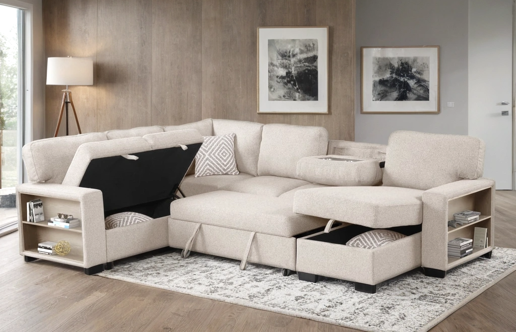 Atlantic Beige Sectional With Pull-Out Bed from Happy Homes - Luna Furniture