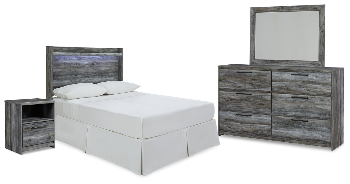 Baystorm Full Panel Headboard with Mirrored Dresser and Nightstand in Gray - PKG014079